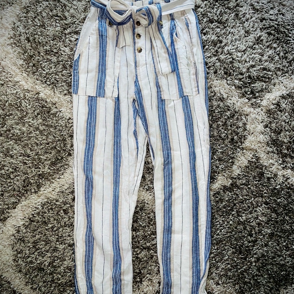High waisted Striped Linen Pants- Med